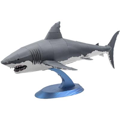 MetalEarth Animaux: GRAND REQUIN BLANC 15,5x7,5x7cm, maquette 3D en métal avec 2 feuilles, sur carte 12x17cm, 14+