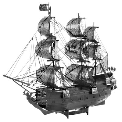 MetalEarth: ICONX - BATEAU PIRATE LA PERLE NOIRE (Noir) 14.61x4.45x11.43cm, maquette 3D en métal avec 2 feuilles noires, en boîte 13,5x22x2cm, 14+