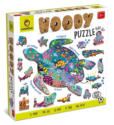 Ludattica Puzzles : WOODY PUZZLE OCÉAN 25x35cm, 48 pièces, 12 figurines, en bois, 5+
