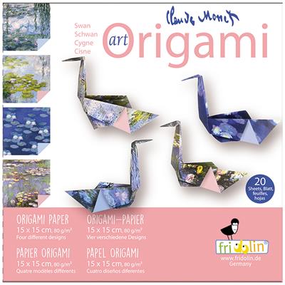Art Origami: CLAUDE MONET, cigne 15x15cm, 20 feuilles avec 4 dessins, 8+