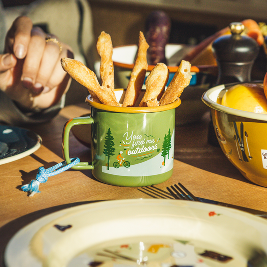 “You Find Me Outdoors” Enamel Mug