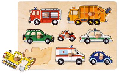 Puzzle à encastrements: VEHICULES 30x21x2,4cm, boutons bois, 2+