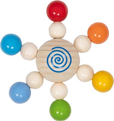 Goki Baby Hochet: TOUPIE avec des PERLES diam.11cm, bois, en boîte fenêtre