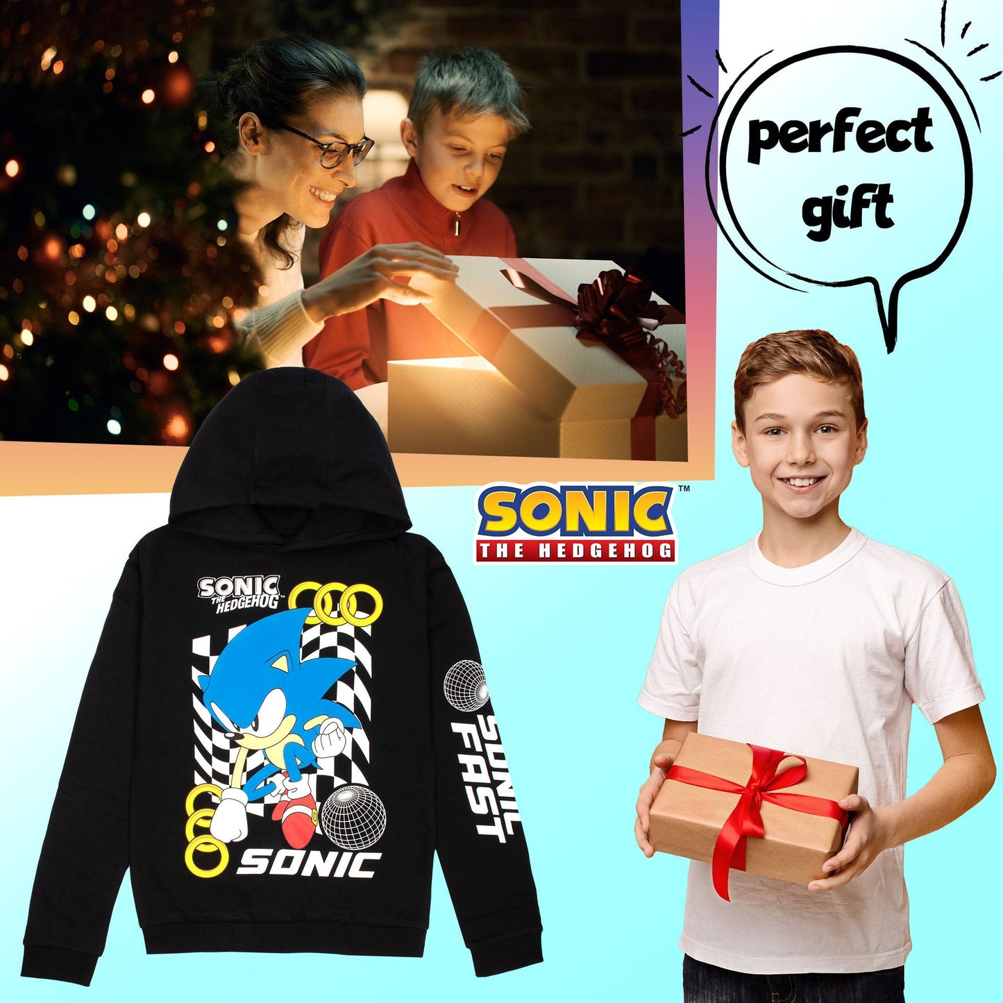 Sonic THE HEDGEHOG garçon Sweat à capuche – 100% Cotton Hooded Sweatshirt