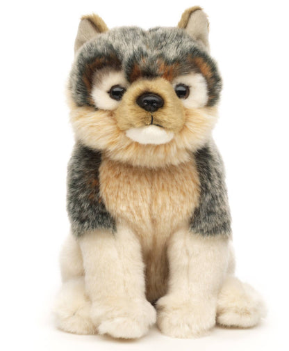 Grey wolf cub plush toy, sitting