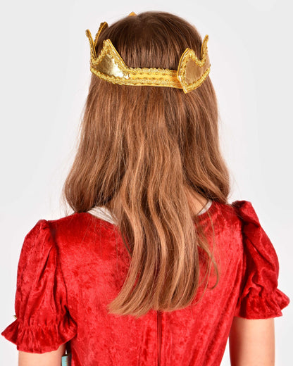Golden textile king's crown with red stone, velcro closure