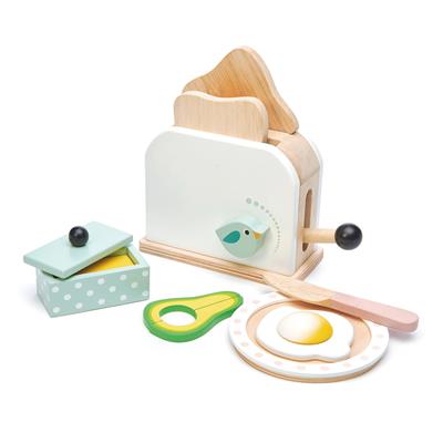 Tender Leaf Jeux de Rôle: PETIT DÉJEUNER TOASTER SET 16x18,5x14,5cm, avec 2 tranches de pain, beurre, couteau en bois, un œuf poché et 2 tranches d’avocat, avec assiette et beurrier, en bois, en boîte 19,3x9,5x19,7cm, 3+