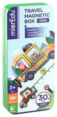 MierEdu BOÎTE DE PUZZLE MAGNÉTIQUE voyage: VÉHICULES 9x3,3x20,3cm, contient 2 scènes et plus de 30 pièces de puzzle magnétiques, dans une boîte en métal, 3+
