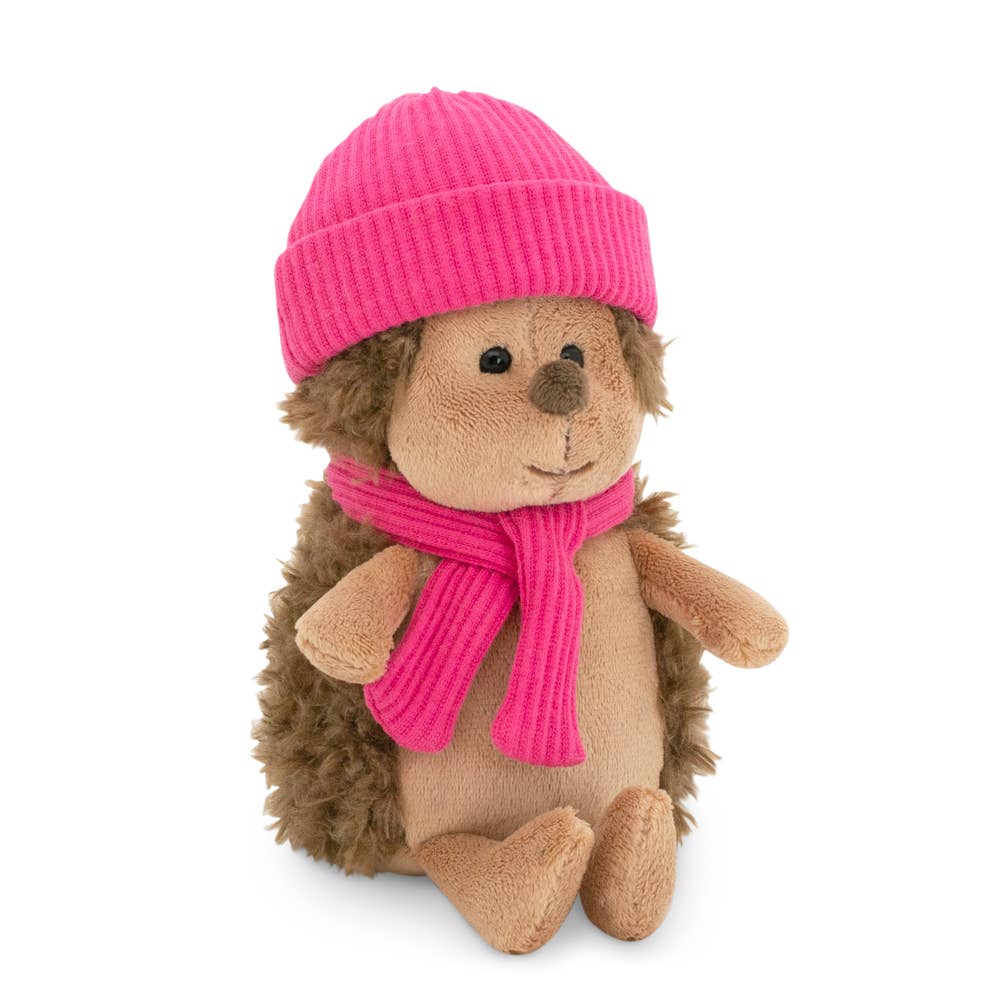 Fluffy the hedgehog plush toy with raspberry hat, 15cm