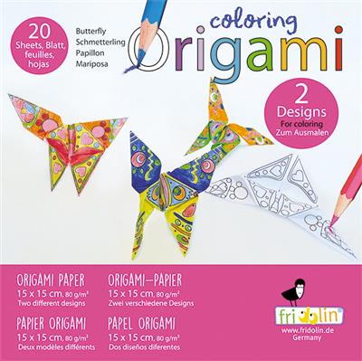 Coloring Origami: PAPILLON 15x15cm, 20 feuilles avec plusieurs dessins, 6+