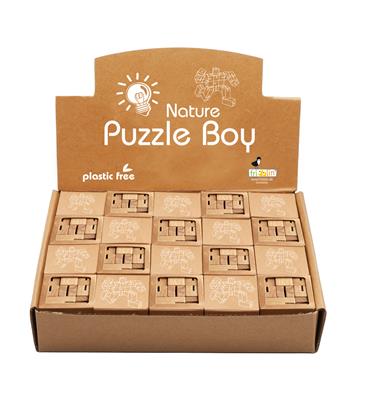 Casse-tête eco: PUZZLE-BOY, en bois nature, en boîte 4,8x4,8x4,8cm, en présentoir 25x20x20cm, 3+