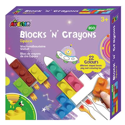 Avenir Blocks 'N Crayons: ESPACE, 12 couleurs et 3 formes de blocs, 3 feuilles à colorier, en cire d'abeille (10%), en boîte, 3+