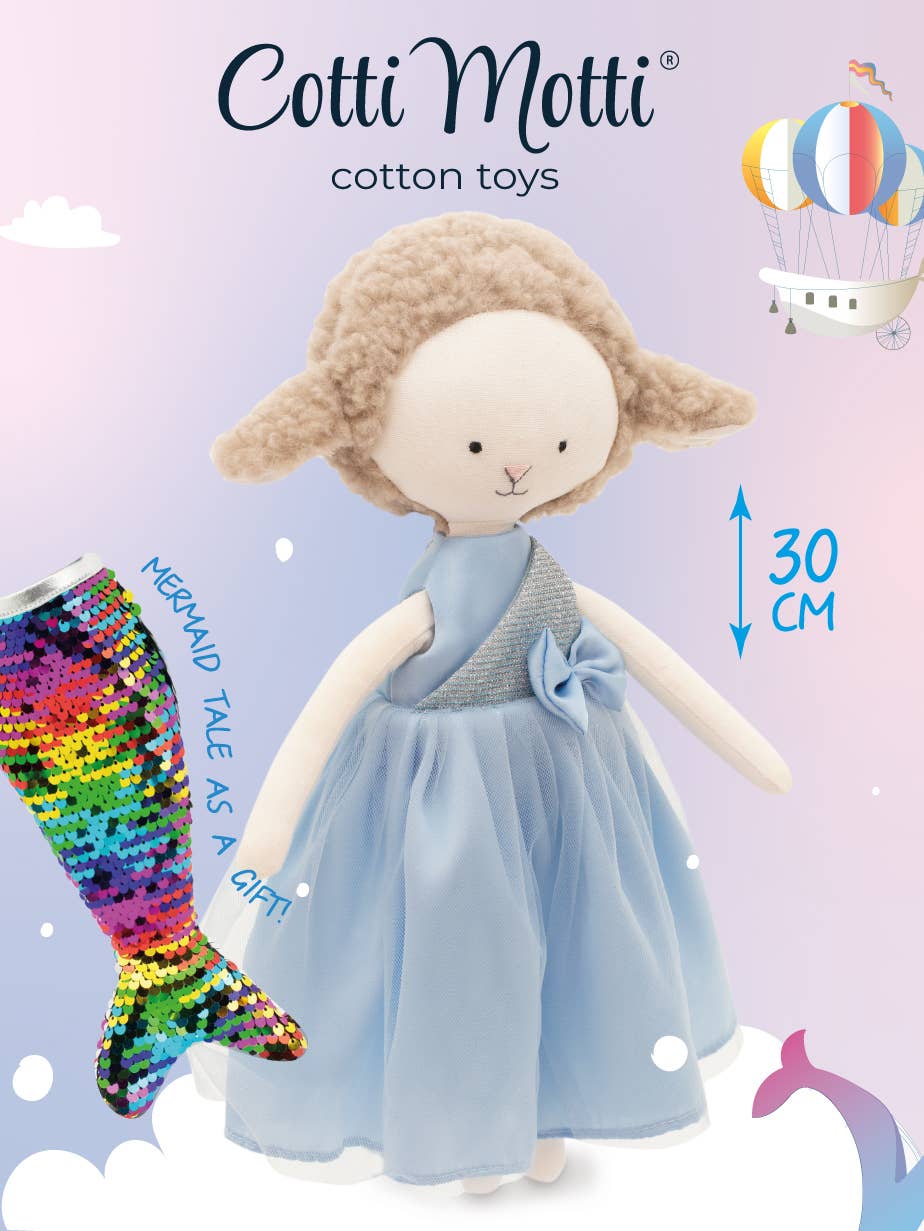 Zoe the Sheep Plush Toy: Blue satin dress, 29 cm, suitable from 0 months