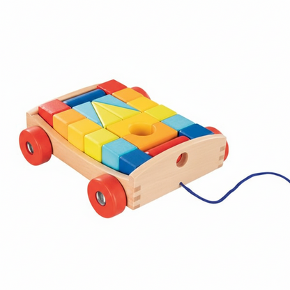 Wooden pull-along cart with building blocks