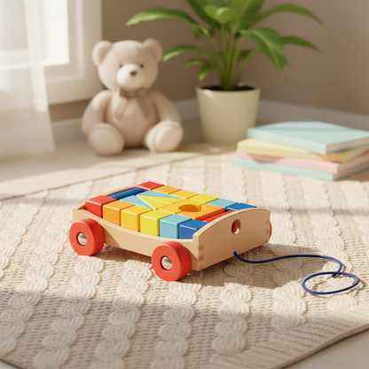 Wooden pull-along cart with building blocks