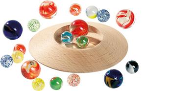 Billes: ASSIETTE de BILLES diam.12cm,  en bois, avec 31 billes, en sac en coton, 3+
