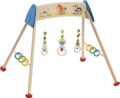 Goki Baby Gym: ANIMAUX de la FERME 70x58x54cm, avec son des animaux, 3 hauteurs réglables, bois, 2x AAA piles incl.
