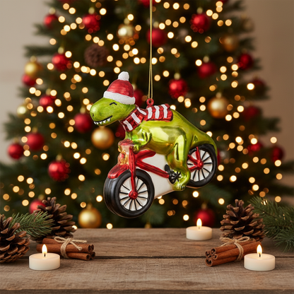 Dinosaur on a Bike Christmas Ornament
