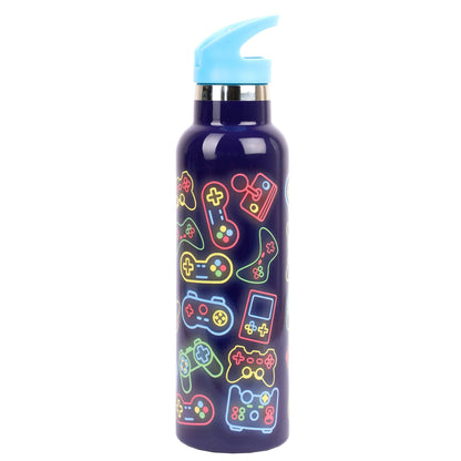 Gourde en acier inoxydable avec paille 600ml – Neon gamer