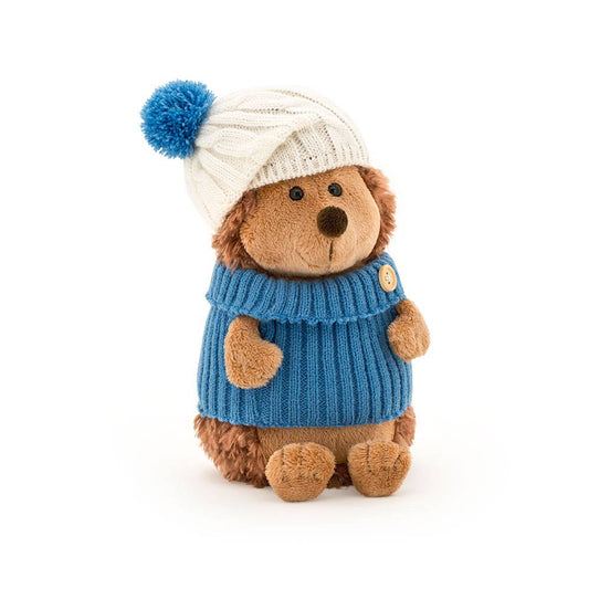 Prickle hedgehog plush toy with white and blue hat, 15 cm