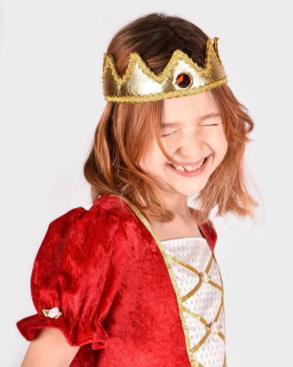 Golden textile king's crown with red stone, velcro closure