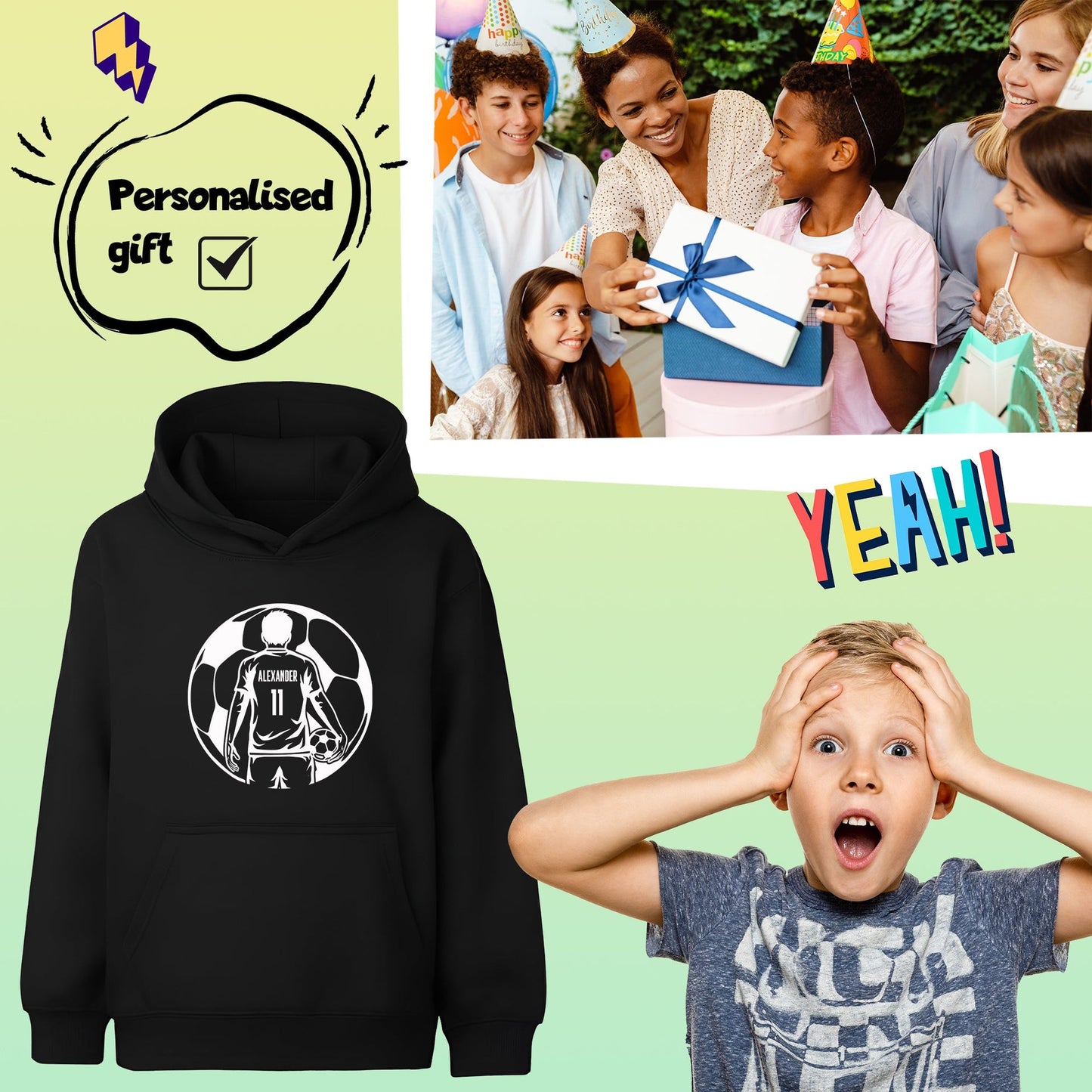 Sweat à capuche football – Fringoo football noir for Boys Cotton Rich Soft Hooded – football Ball noir