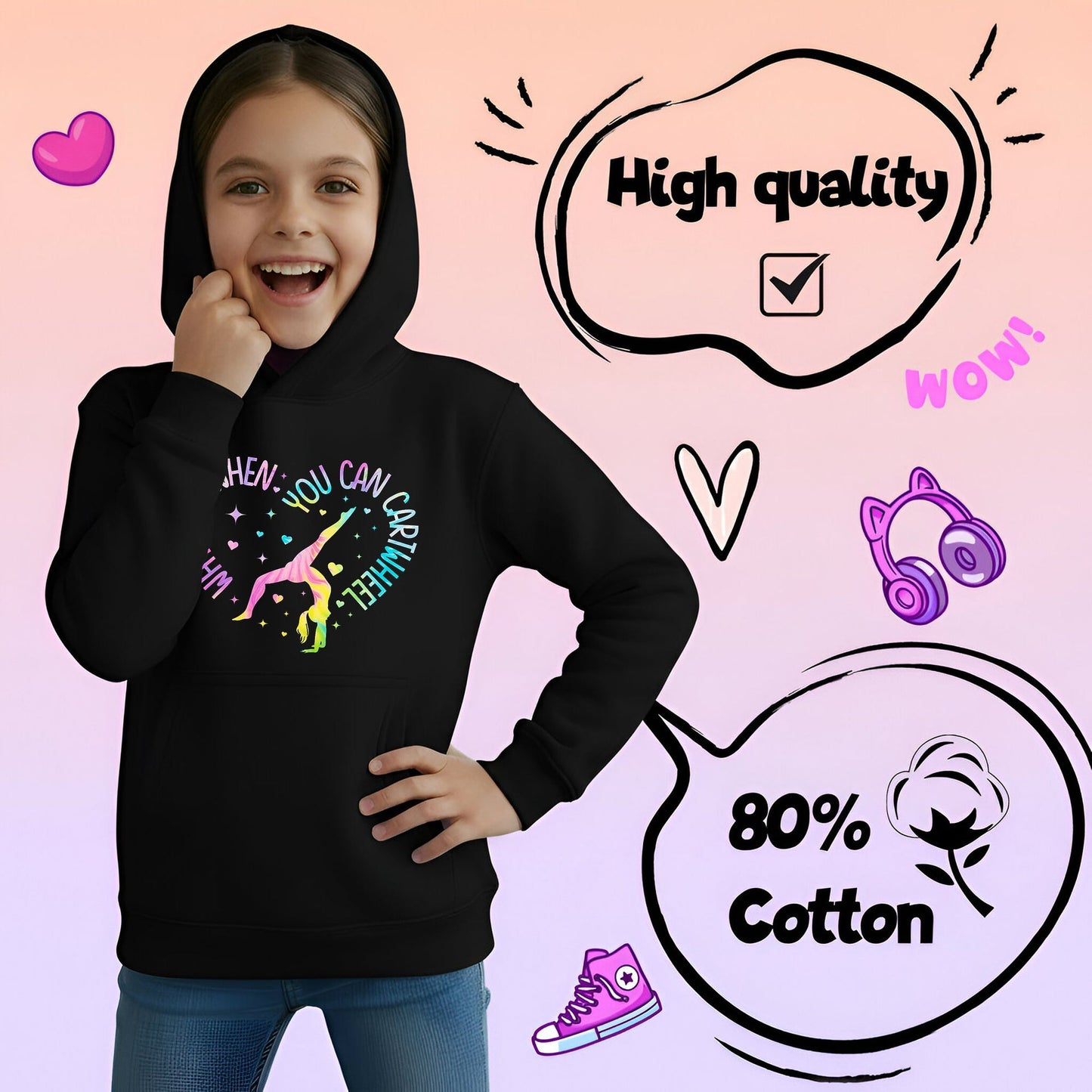 Sweat à capuche gymnastique – Fringoo Gymnastic for Cotton Rich Soft Hooded – Gymnastic CartWheel- noir