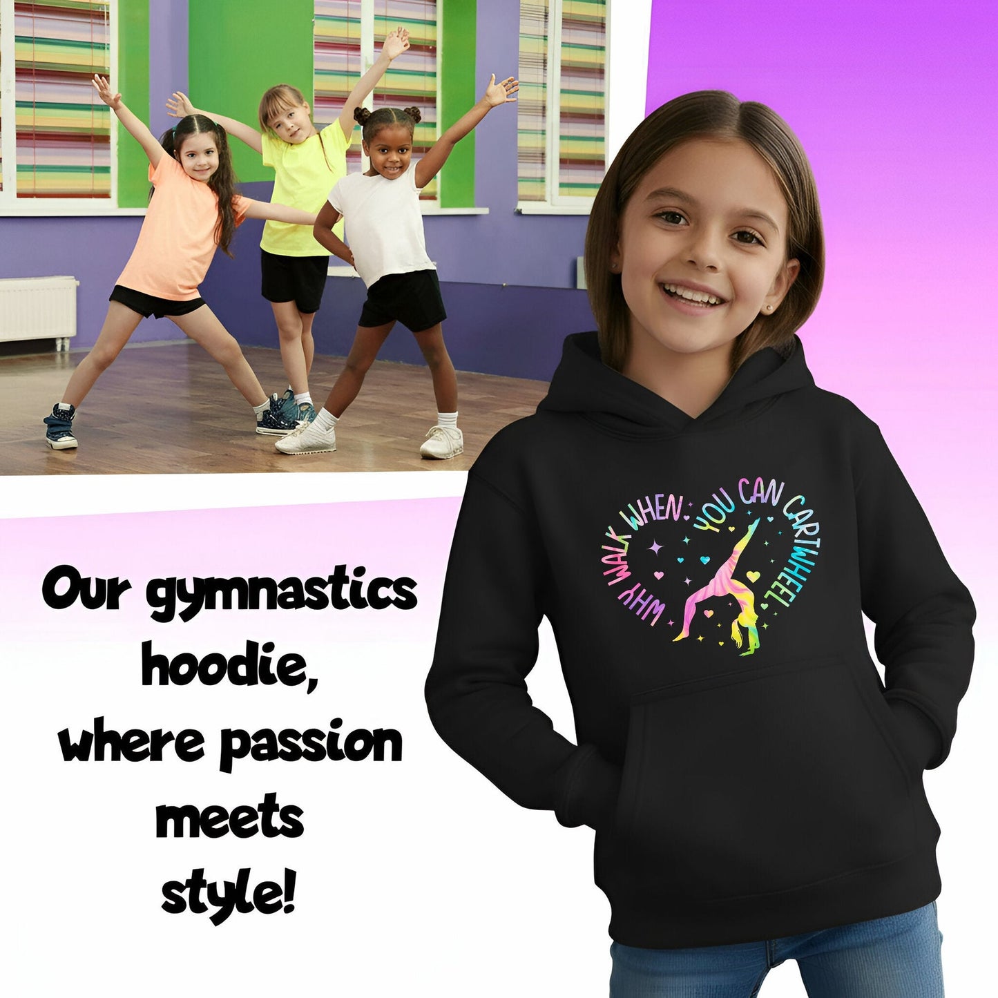 Sweat à capuche gymnastique – Fringoo Gymnastic for Cotton Rich Soft Hooded – Gymnastic CartWheel- noir