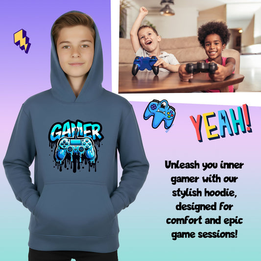 Sweat à capuche gaming – Fringoo gaming for Boys Cotton Rich Soft Hooded – Dripping gaming bleu