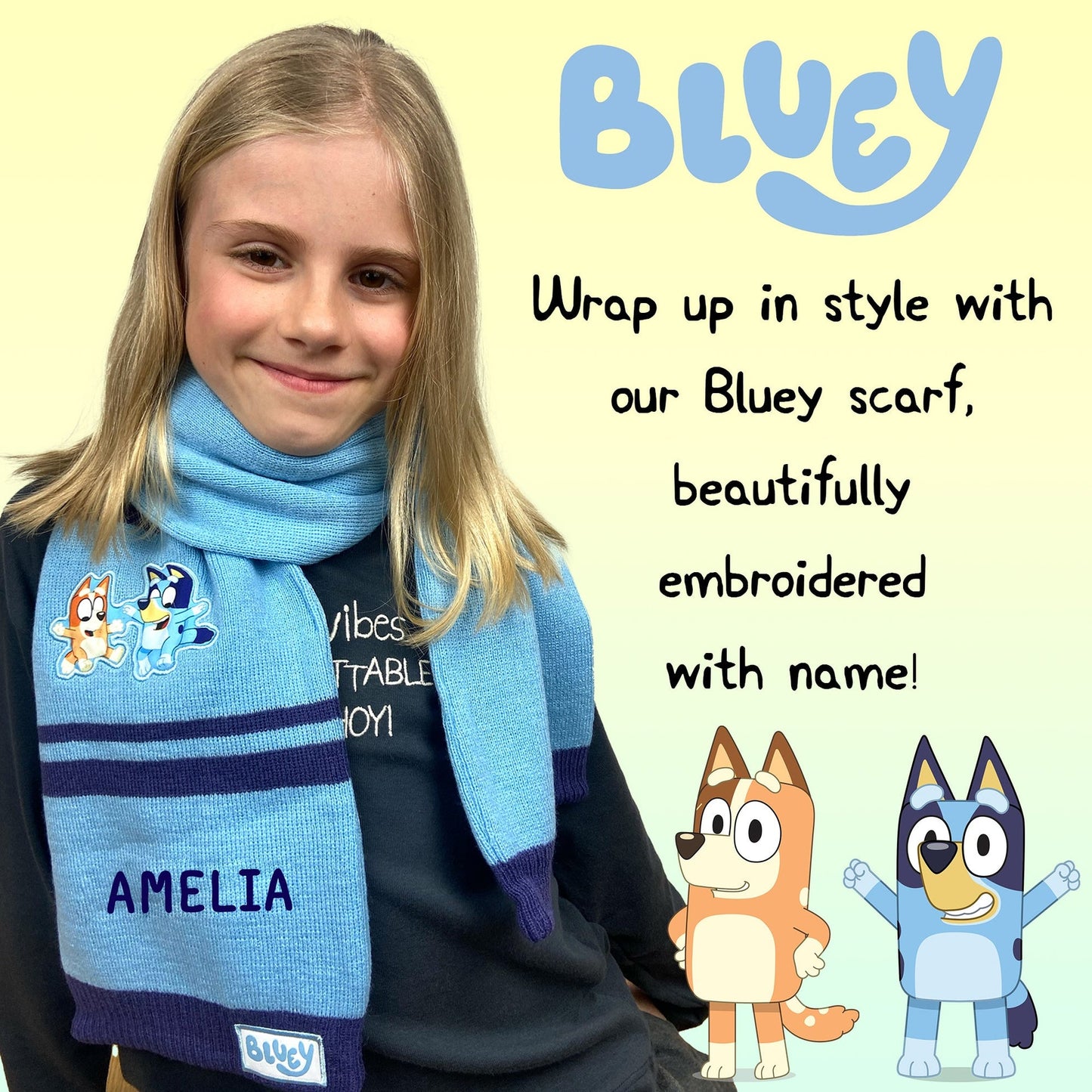 Bluey Children's Scarf Winter Woolly Scarf Soft and Warm Embroidered Name