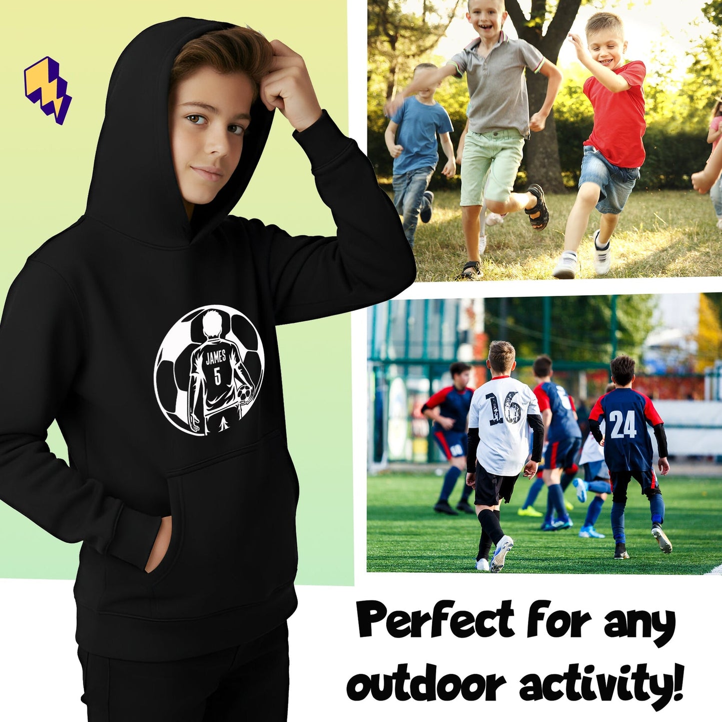 Sweat à capuche football – Fringoo football noir for Boys Cotton Rich Soft Hooded – football Ball noir