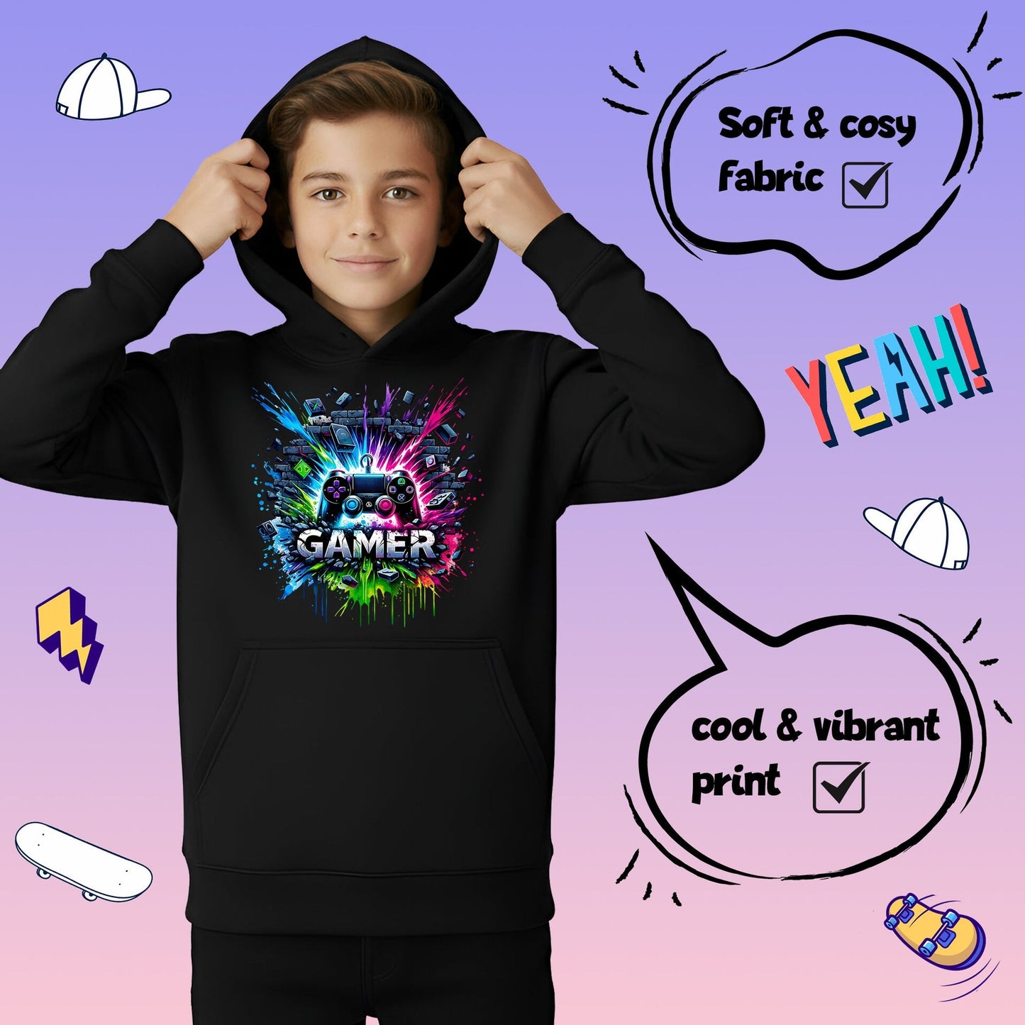 Fringoo gamer Sweat à capuche garçon Cotton Rich Soft Hooded Sweatshirt- gamer Splash noir