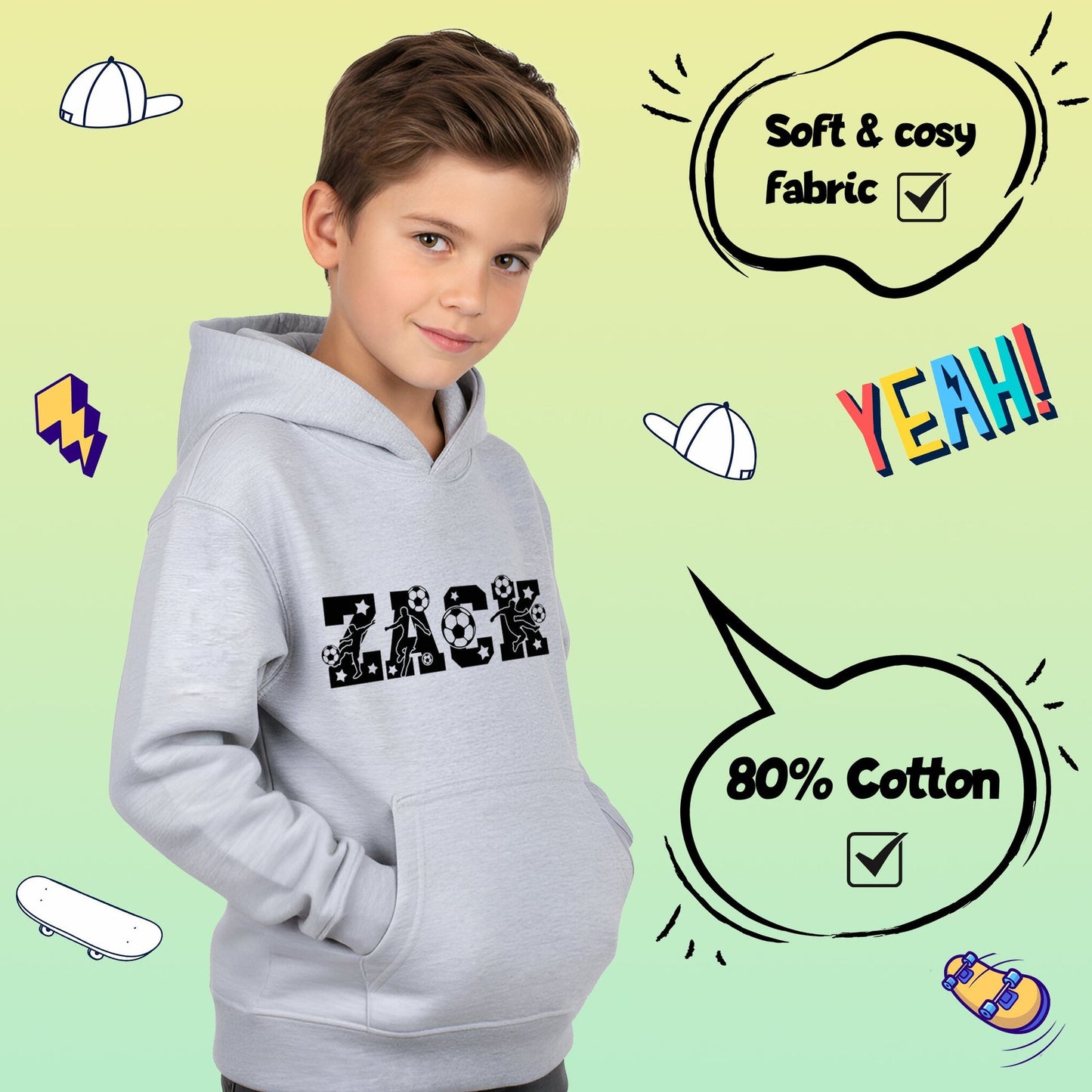 Sweat à capuche football – Fringoo football gris for Boys Cotton Rich Soft Hooded – football Alphabet gris