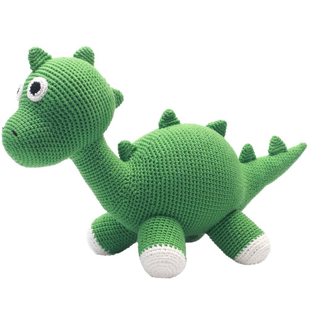Green crochet dinosaur plush toy