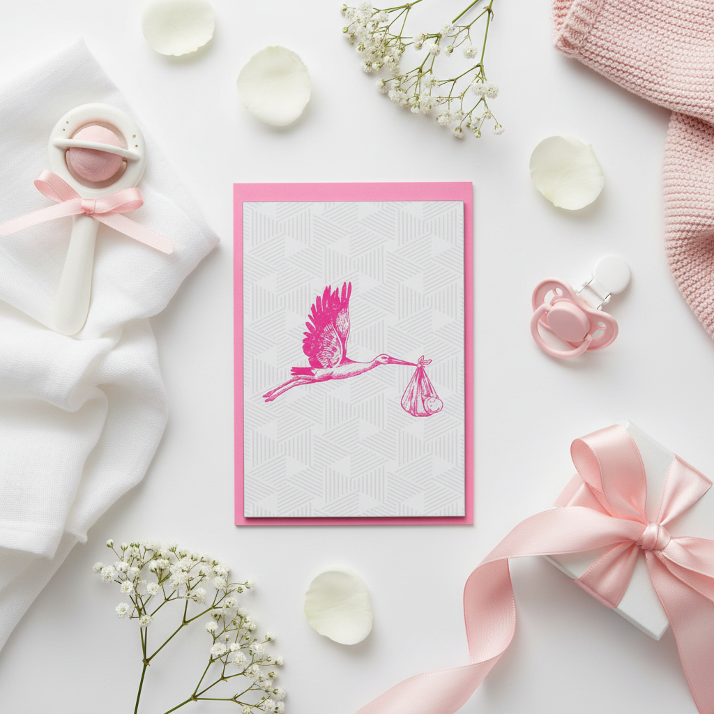 Pink Baby Stork Greeting Card