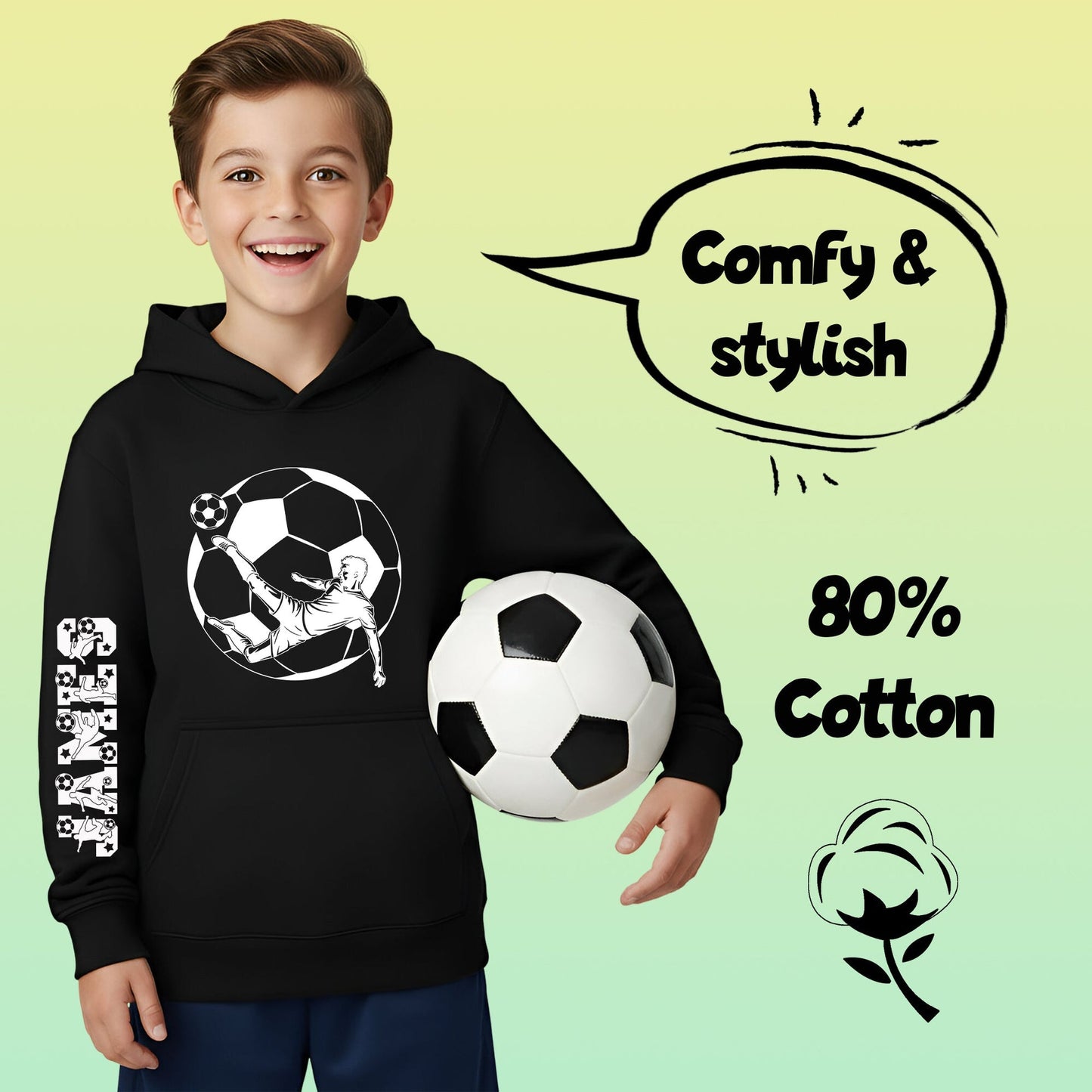 Fringoo football Sweat à capuche noir garçon Cotton Rich Soft Hooded Sweatshirt- football Sleeve noir