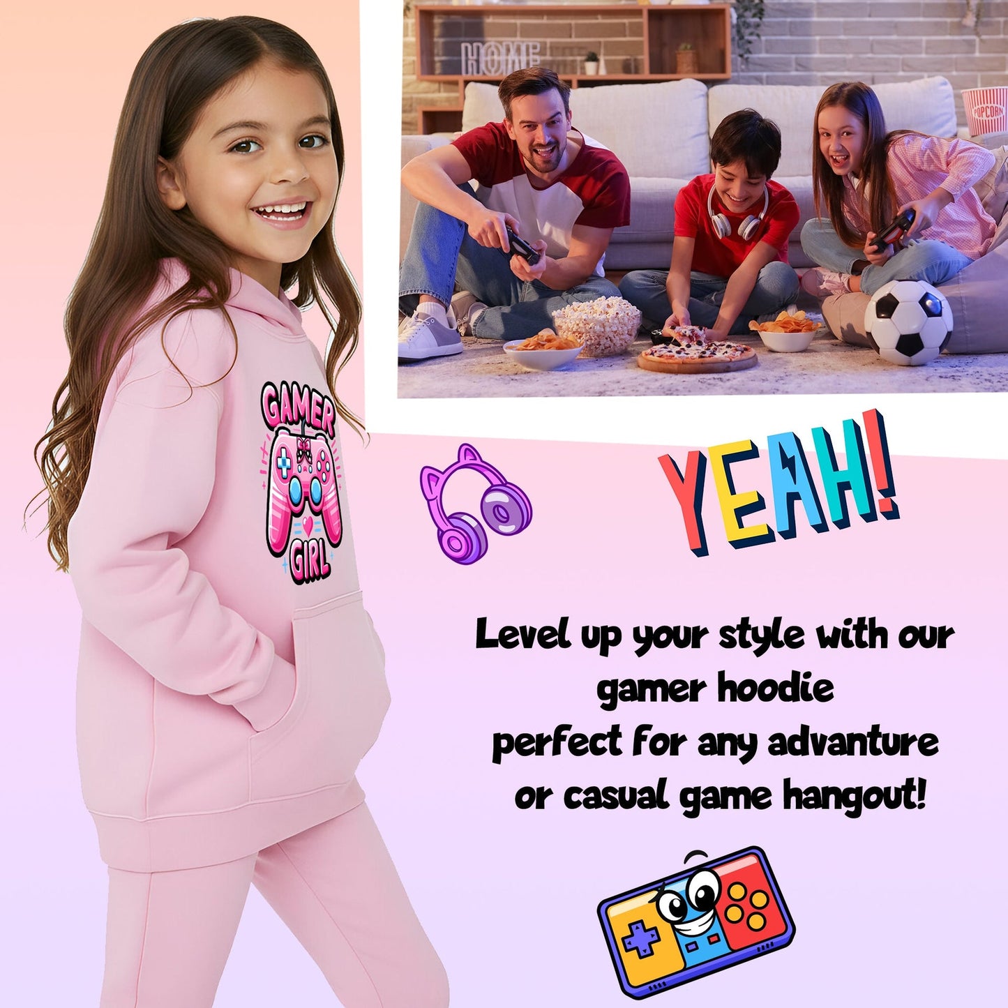 Sweat à capuche gymnastique – Fringoo gaming rose for Girls Cotton Rich Soft Hooded – gaming Pad rose