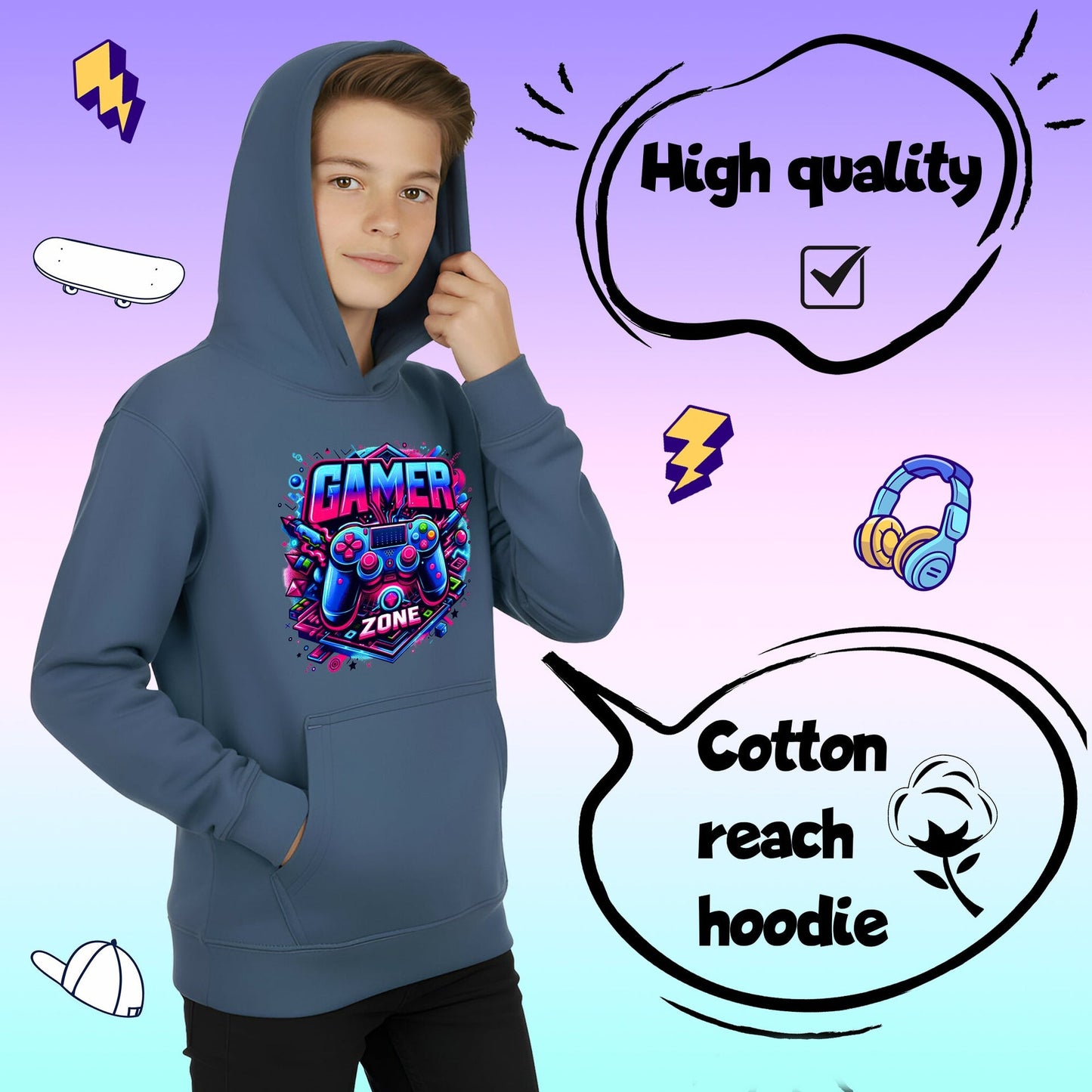 Sweat à capuche gaming – Fringoo gaming for Boys Cotton Rich Soft Hooded – gaming Zone bleu