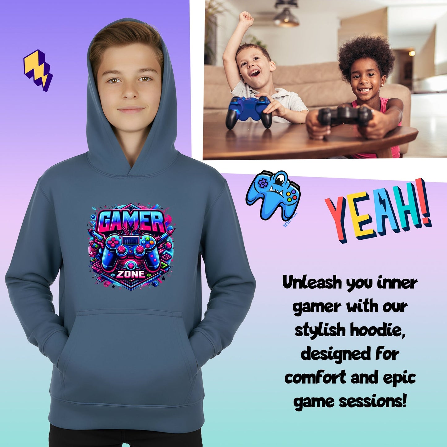 Sweat à capuche gaming – Fringoo gaming for Boys Cotton Rich Soft Hooded – gaming Zone bleu