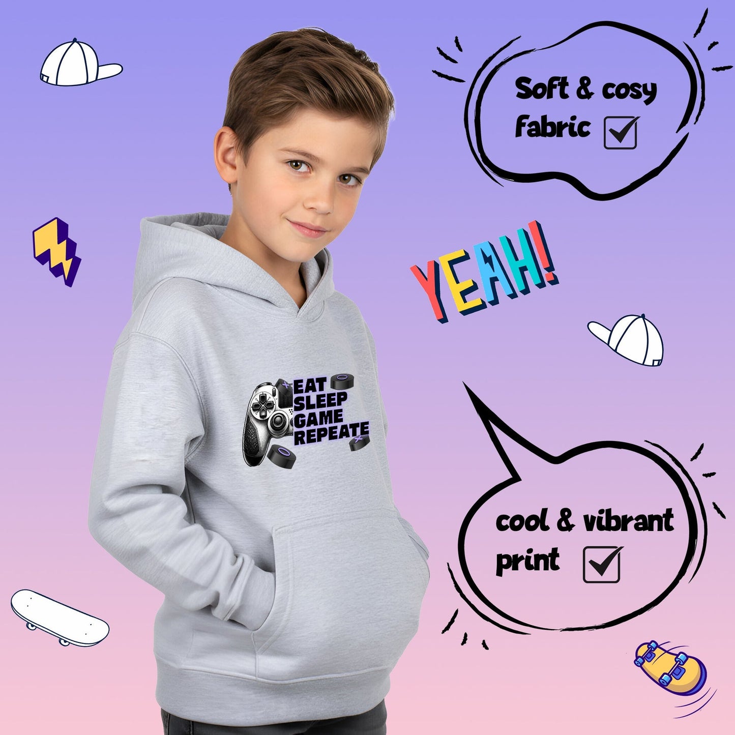 Fringoo gamer Sweat à capuche gris garçon Cotton Rich Soft Hooded Sweatshirt- Eat Game Pad gris