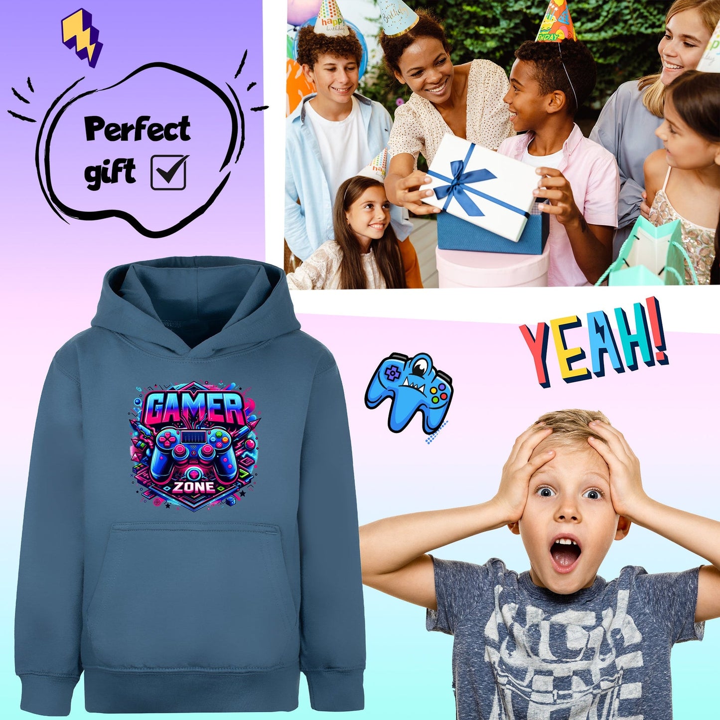 Sweat à capuche gaming – Fringoo gaming for Boys Cotton Rich Soft Hooded – gaming Zone bleu