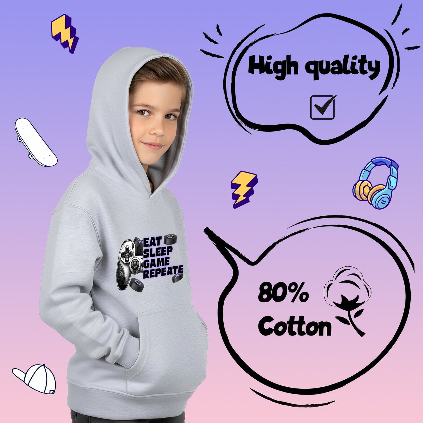 Fringoo gamer Sweat à capuche gris garçon Cotton Rich Soft Hooded Sweatshirt- Eat Game Pad gris