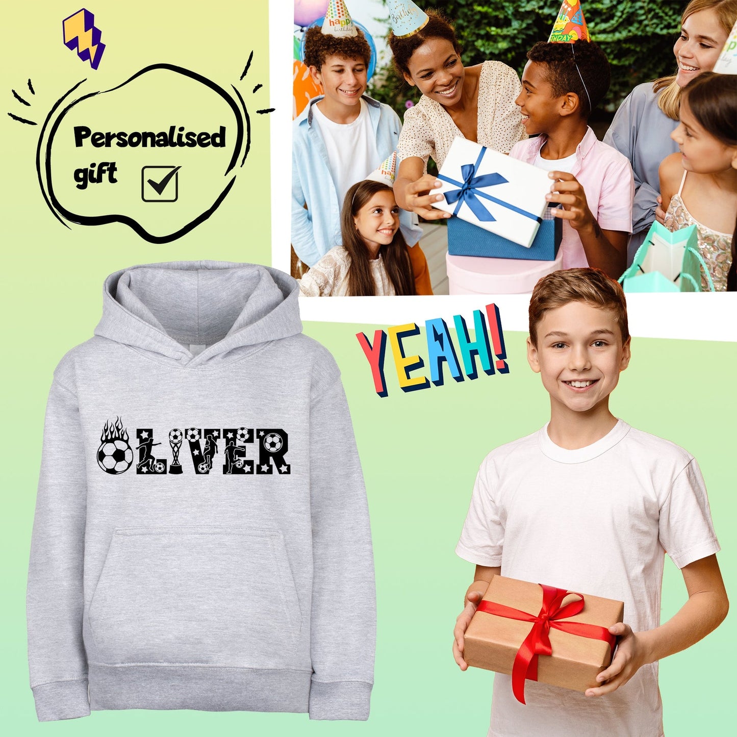 Sweat à capuche football – Fringoo football gris for Boys Cotton Rich Soft Hooded – football Alphabet gris