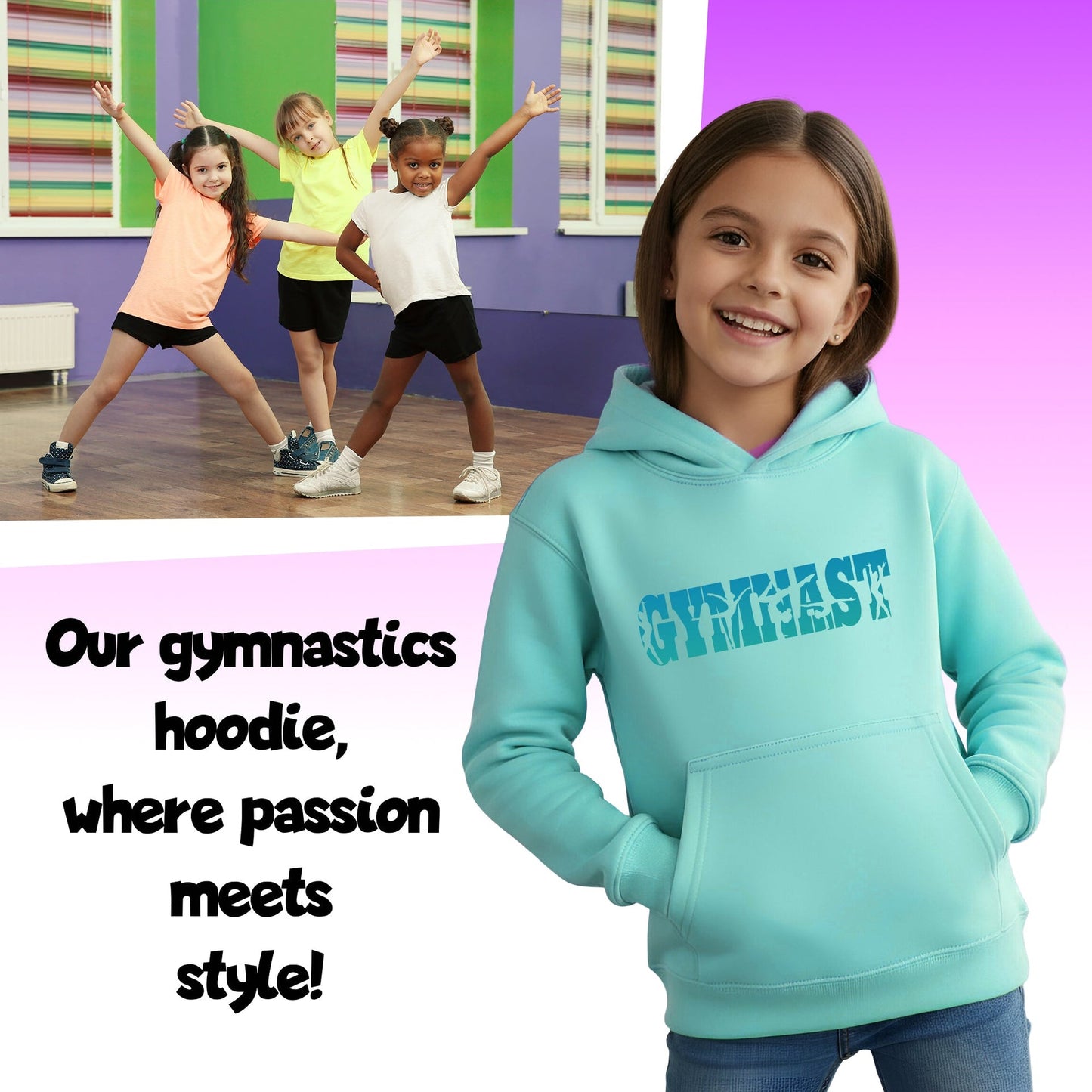 Fringoo Gymnastic Sweat à capuche for enfant Cotton Rich Soft Hooded Sweatshirt- Gymnast turquoise