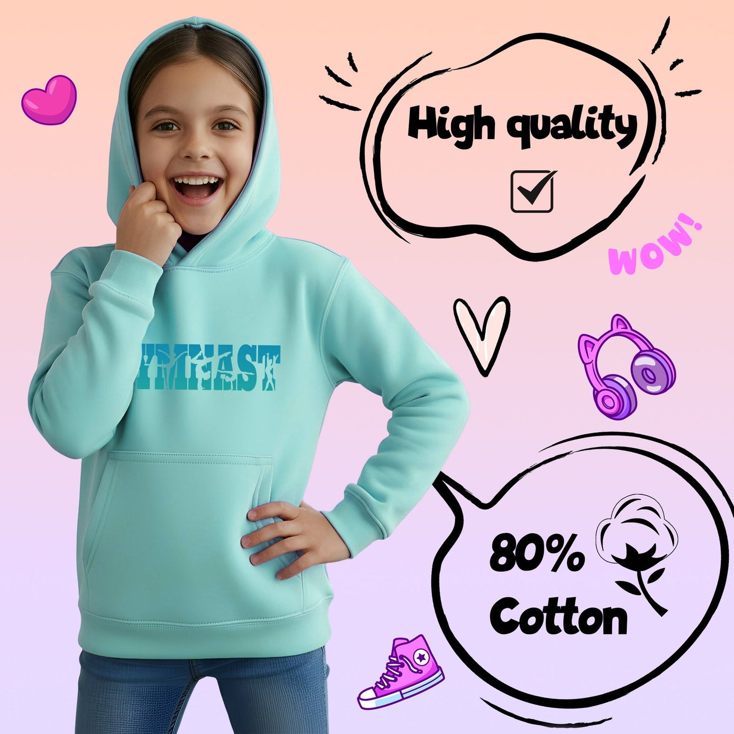 Fringoo Gymnastic Sweat à capuche for enfant Cotton Rich Soft Hooded Sweatshirt- Gymnast turquoise