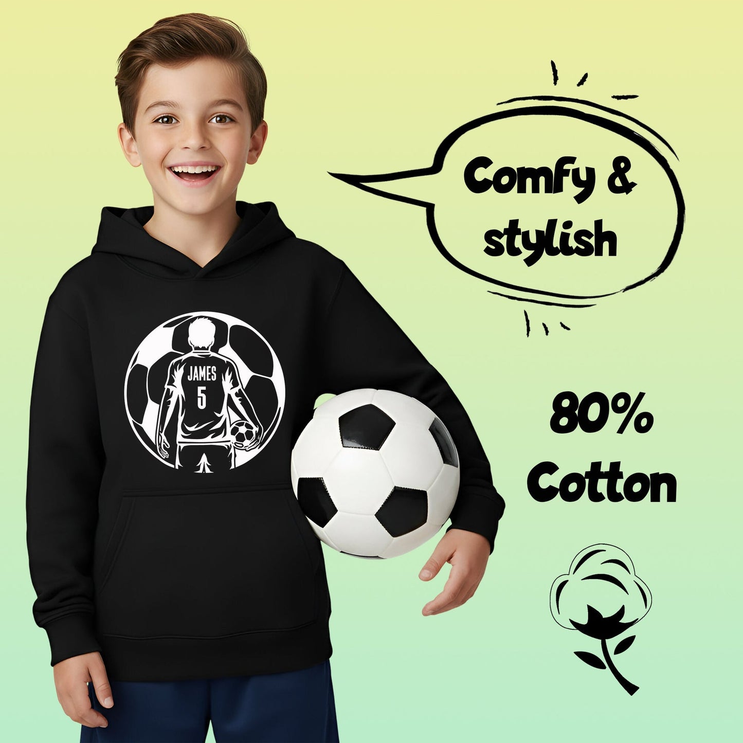 Sweat à capuche football – Fringoo football noir for Boys Cotton Rich Soft Hooded – football Ball noir
