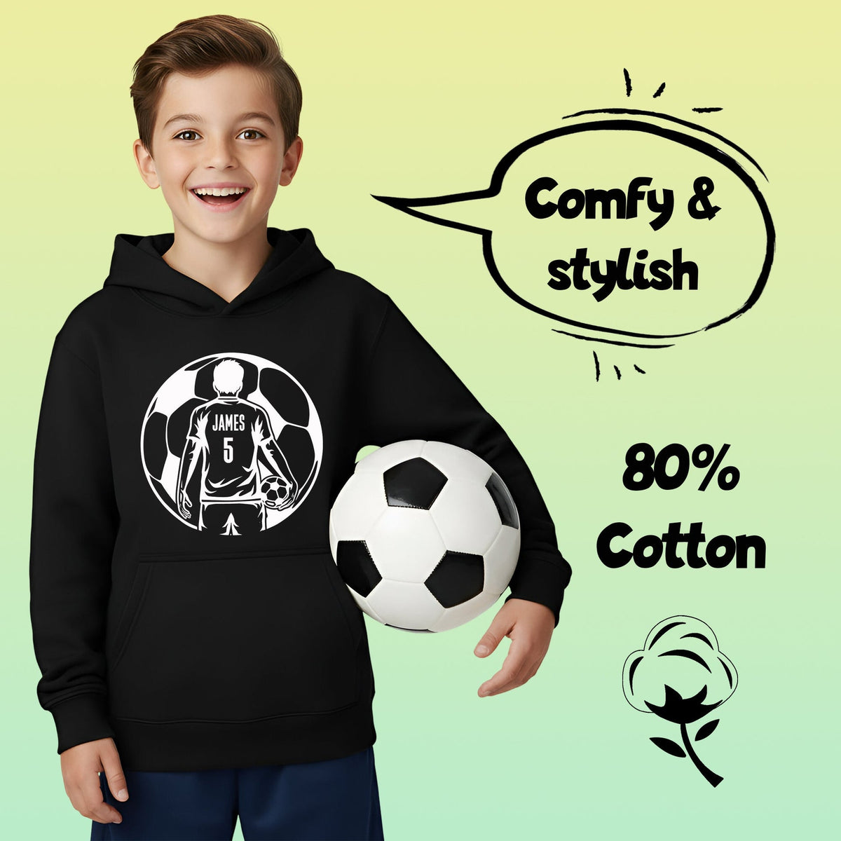Fußball-Kapuzenpullover – Fringoo Fußball schwarz für Jungen, Baumwollreich, weich, mit Kapuze – Fußball schwarz