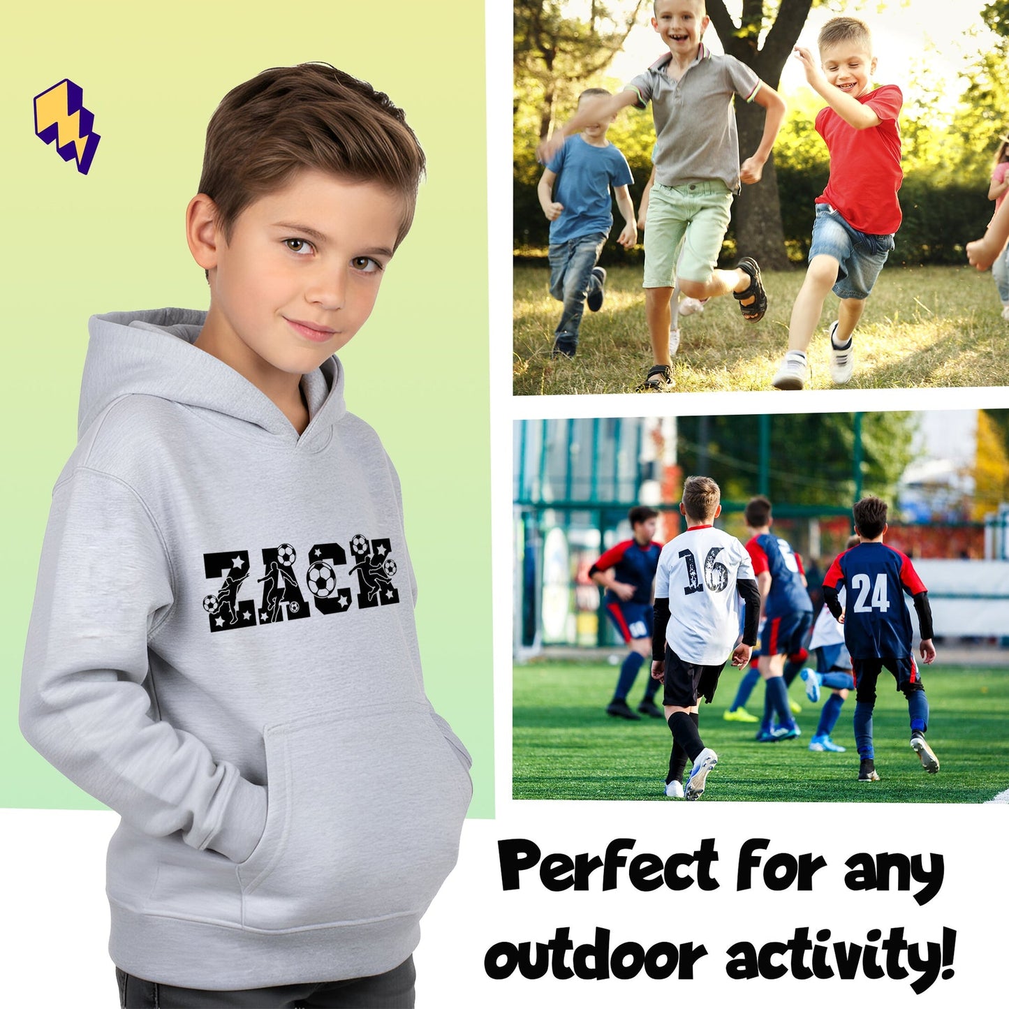 Sweat à capuche football – Fringoo football gris for Boys Cotton Rich Soft Hooded – football Alphabet gris