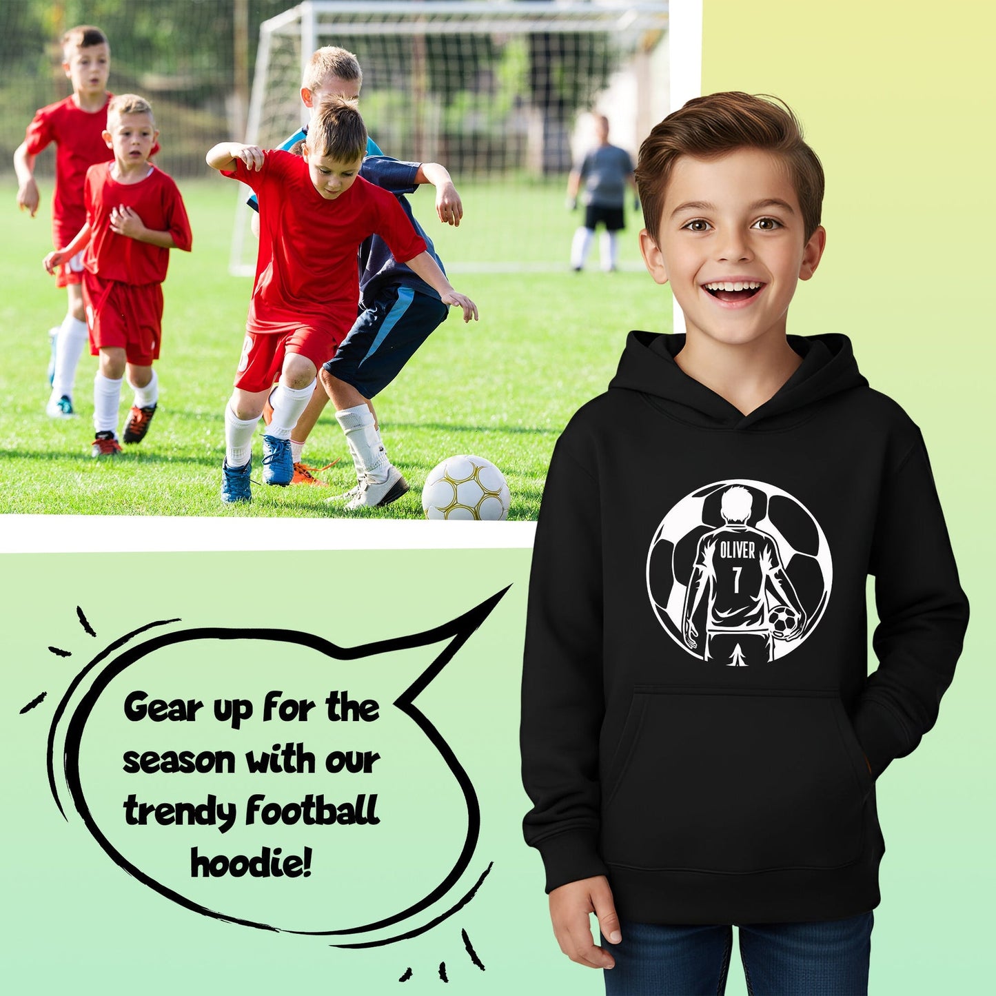 Sweat à capuche football – Fringoo football noir for Boys Cotton Rich Soft Hooded – football Ball noir