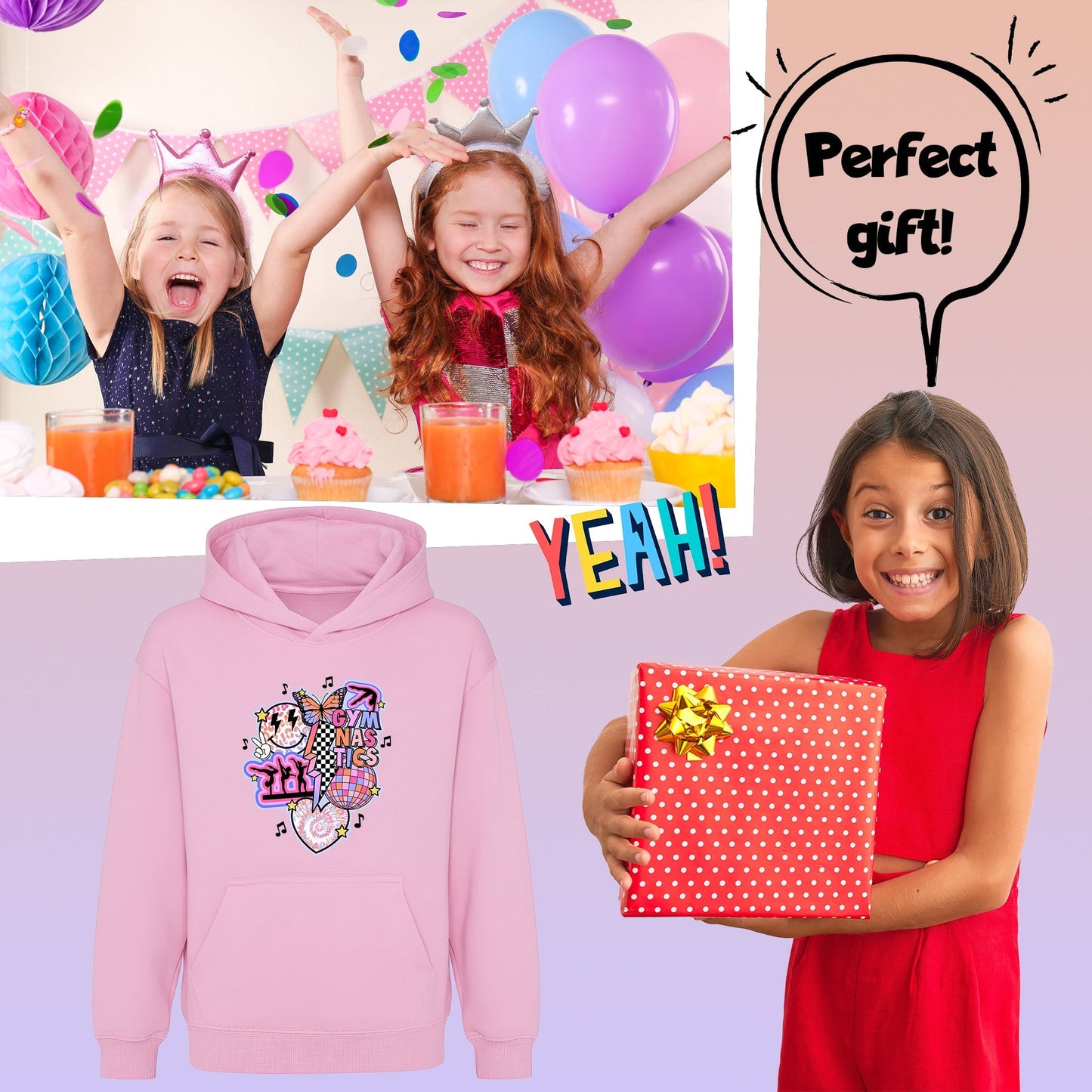 Fringoo Gymnastic Sweat à capuche for enfant Cotton Rich Soft Hooded Sweatshirt- Gymnastic Vibes-rose